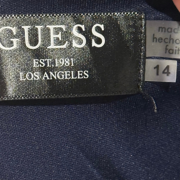 GUESS Sheath Dress Navy Black Lace Faux Leather Waist Size 14 Lined - Picture 7 of 8